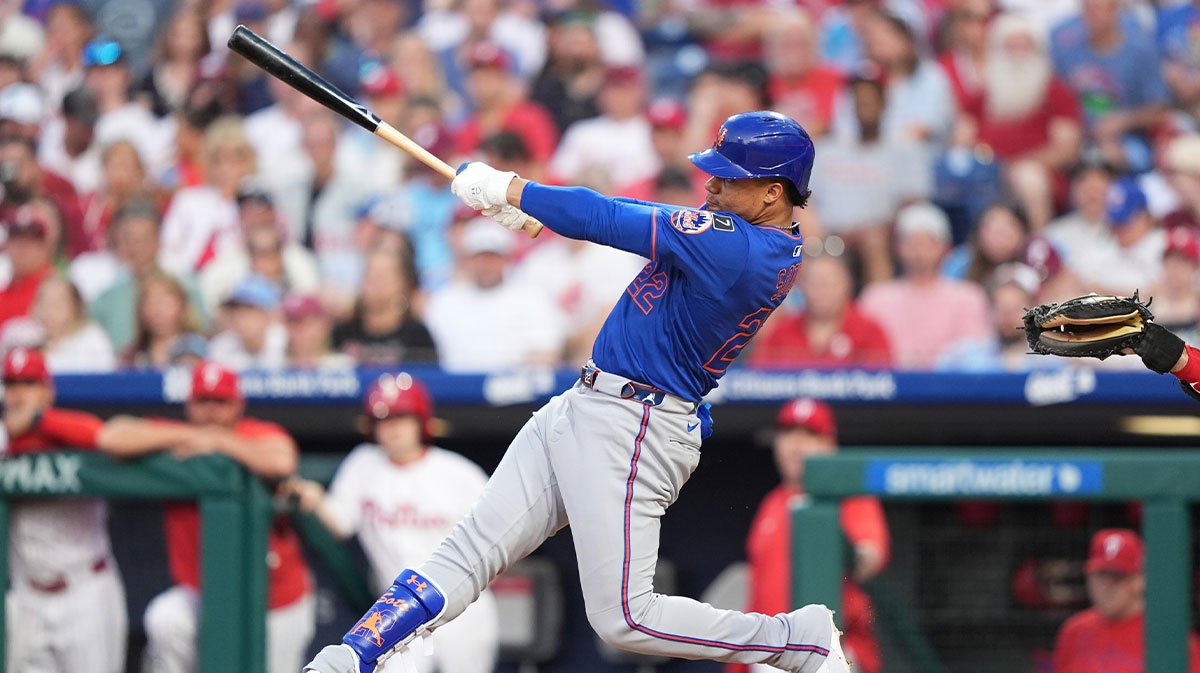 New York Mets outfielder Juan Soto (22) hits a home run against the Philadelphia Phillies in the third inning at Citizens Bank Park.