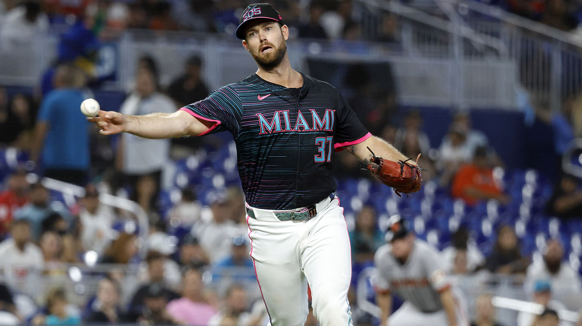 Miami Marlins relief pitcher Anthony Bender (37) throws to first base against the San Francisco during the eighth inning at loanDepot Park.