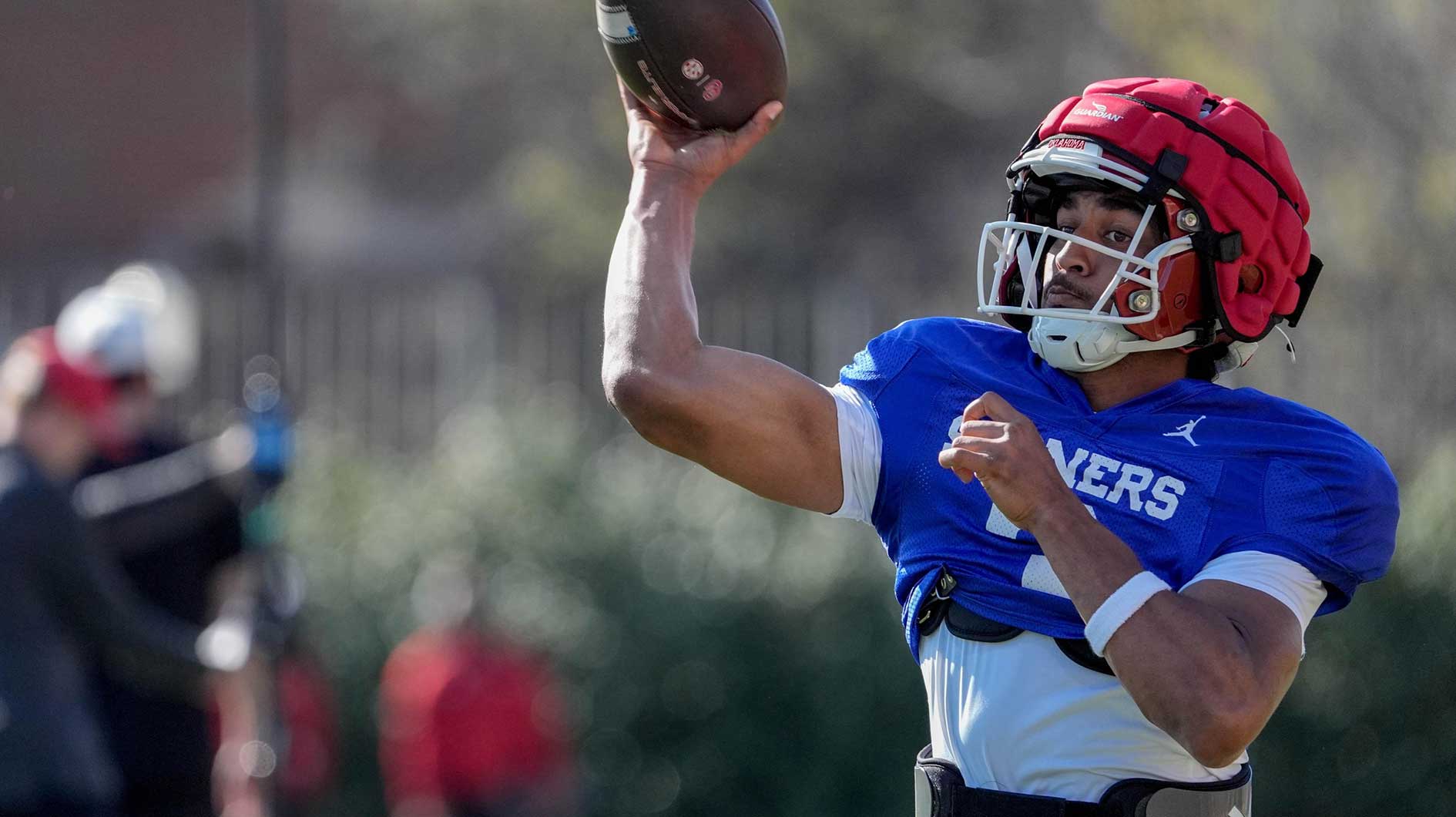 Michael Hawkins Jr. (3) runs drills during an Oklahoma (OU) football practice at the Gaylord Family Oklahoma Memorial Stadium in Norman, Okla., on Tuesday, March 25, 2025.