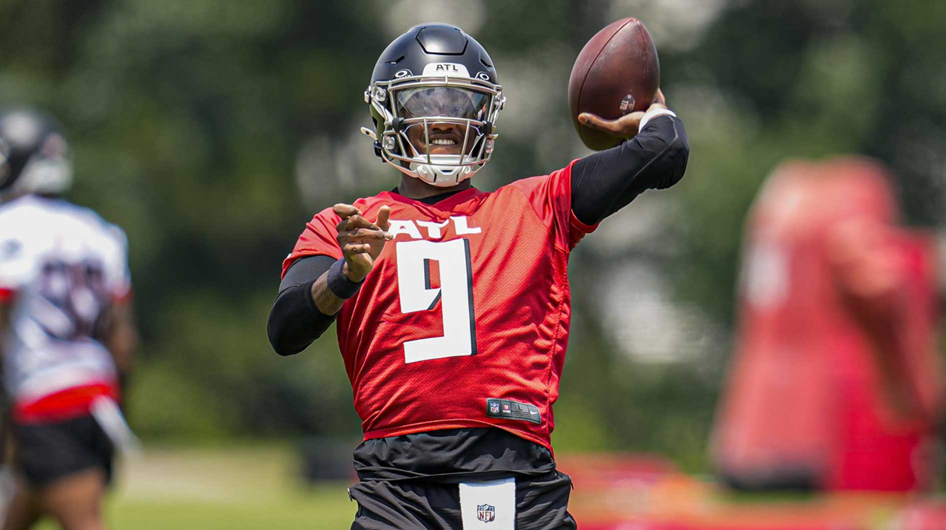 Jun 11, 2025; Atlanta, GA, USA; Atlanta Falcons quarterback Michael Penix Jr. (9) passes during Minicamp practice at Children's Healthcare of Atlanta Training Ground. Mandatory Credit: Dale Zanine-Imagn Images