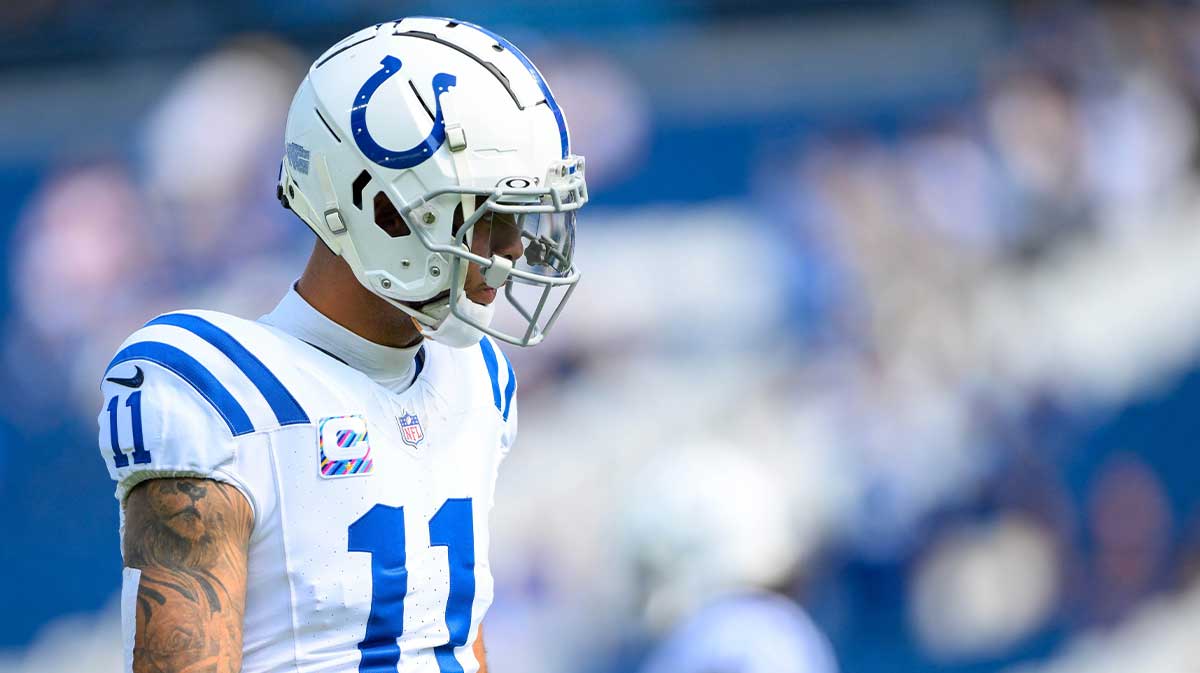 Oct 13, 2024; Nashville, Tennessee, USA; Indianapolis Colts wide receiver Michael Pittman Jr. (11) during pregame warmups against the Tennessee Titans at Nissan Stadium. Mandatory Credit: Steve Roberts-Imagn Images