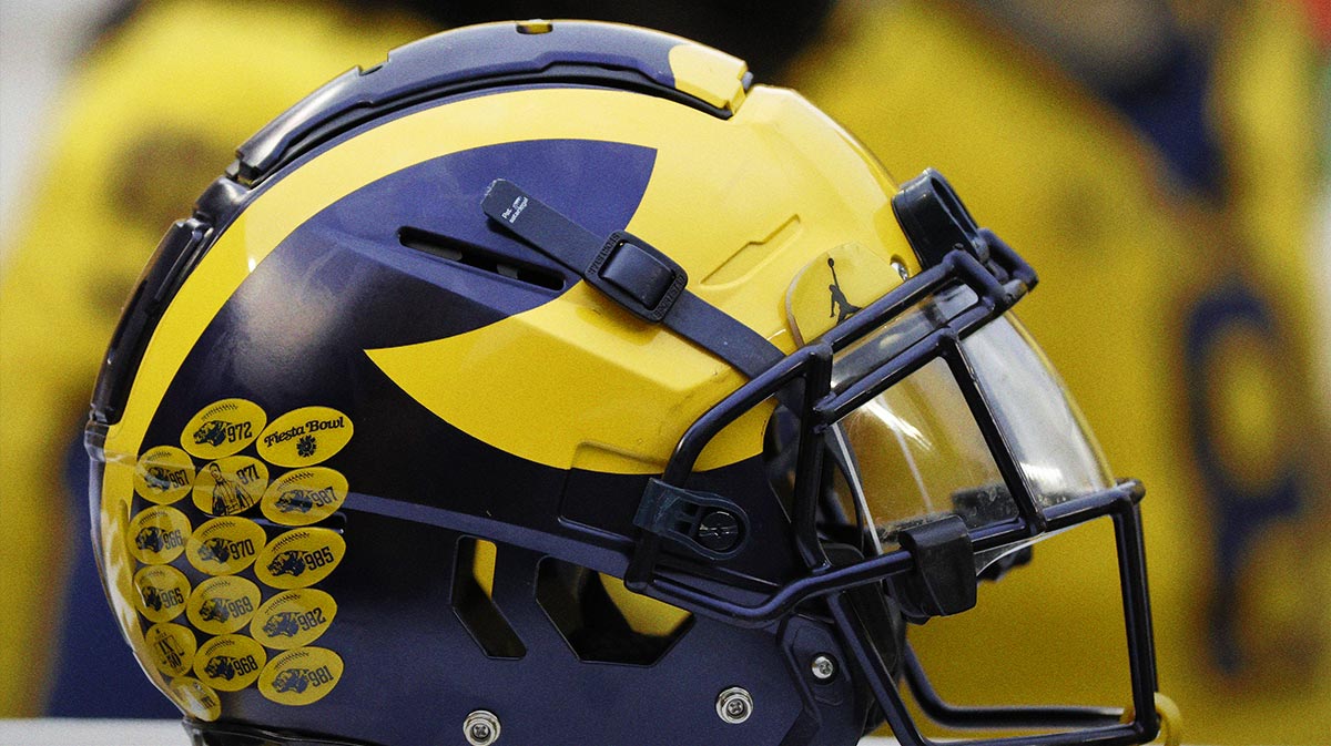 Michigan Wolverines helmet on the sideline during the Spring Game at Michigan Stadium.