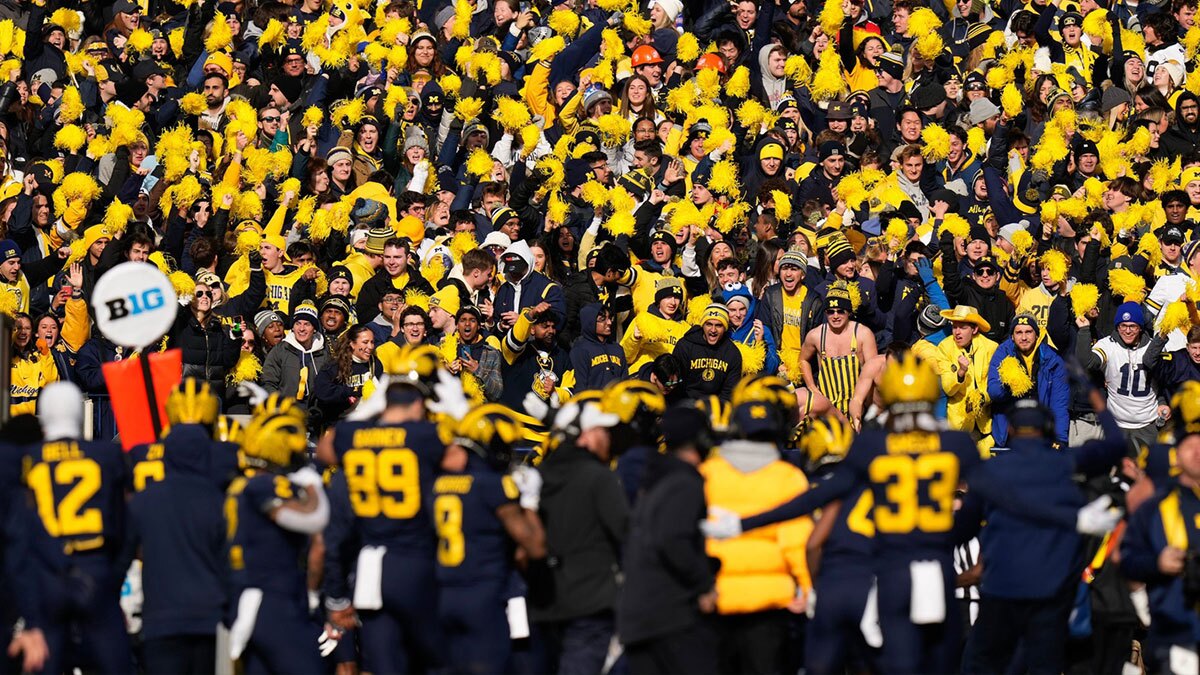 Michigan Wolverines fans cheer during the NCAA football game against the Ohio State Buckeyes at Michigan Stadium.
