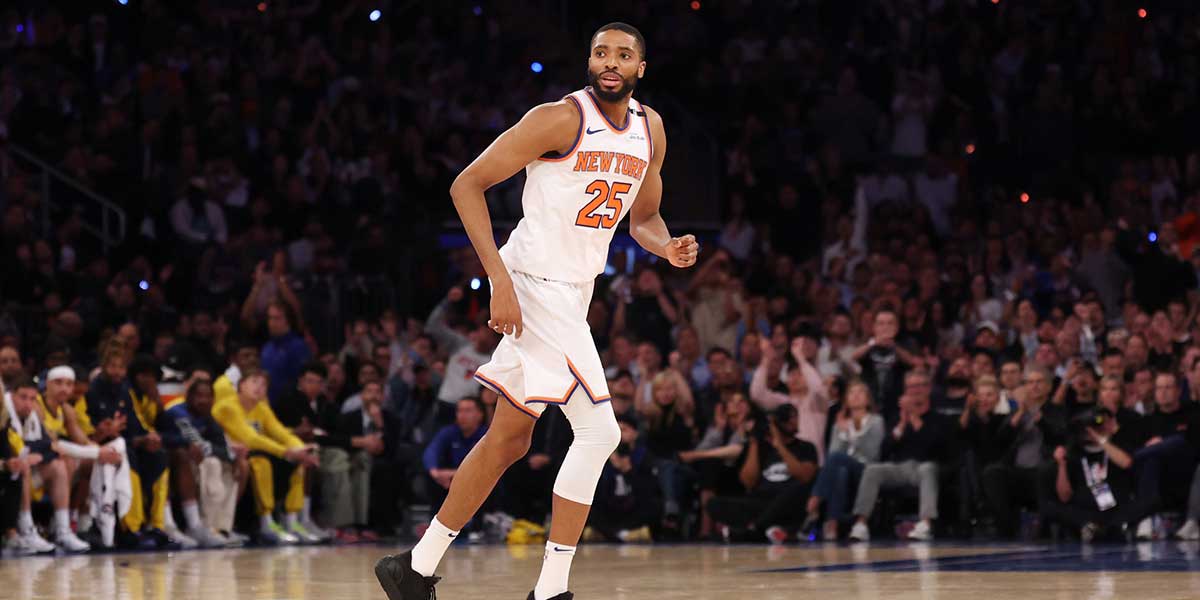 New York Knicks forward Mikal Bridges (25) reacts in the fourth quarter against the Indiana Pacers during game five of the eastern conference finals for the 2025 NBA Playoffs at Madison Square Garden.