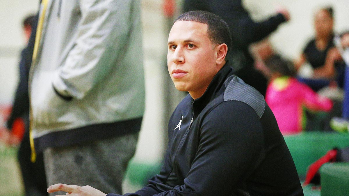 Shadow Mountain head coach Mike Bibby watches his team warm up against St. Mary’s at the St. Mary's High School gym in Phoenix on Jan. 24, 2017.