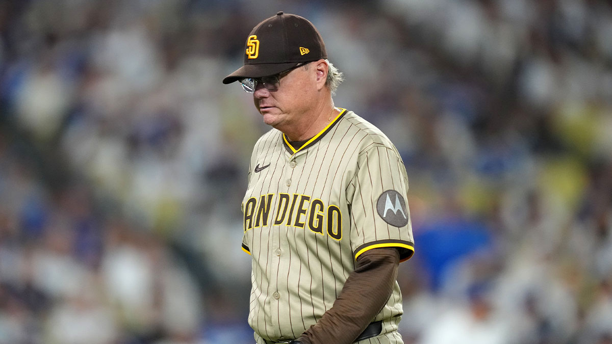 San Diego Padres manager Mike Shildt (8) reacts during the game against the Los Angeles Dodgers at Dodger Stadium.
