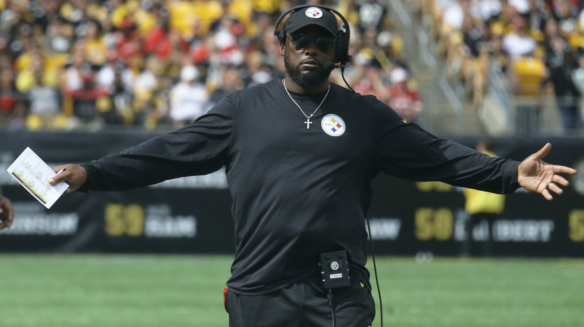 Sep 10, 2023; Pittsburgh, Pennsylvania, USA; Pittsburgh Steelers head coach Mike Tomlin reacts to a call against the San Francisco 49ers during the third quarter at Acrisure Stadium. San Francisco won 30-7. Mandatory Credit: Charles LeClaire-Imagn Images