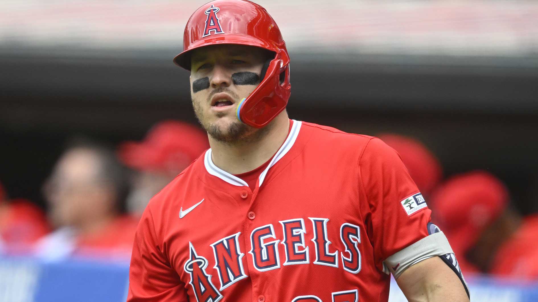 Los Angeles Angels designated hitter Mike Trout (27) stands on deck in the fourth inning against the Cleveland Guardians at Progressive Field.