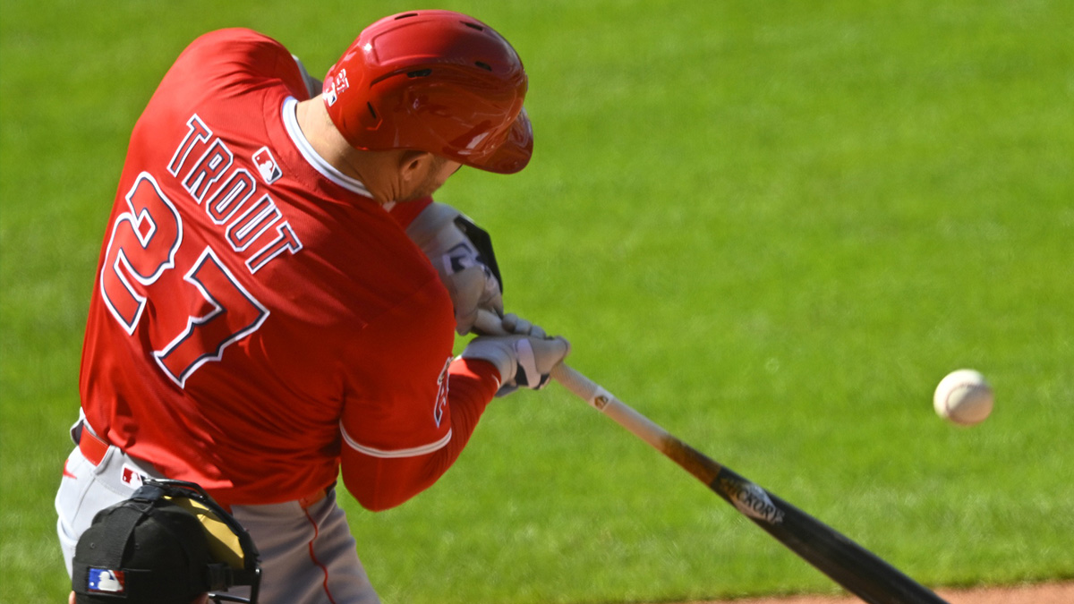May 31, 2025; Cleveland, Ohio, USA; Los Angeles Angels designated hitter Mike Trout (27) singles in the second inning against the Cleveland Guardians at Progressive Field.