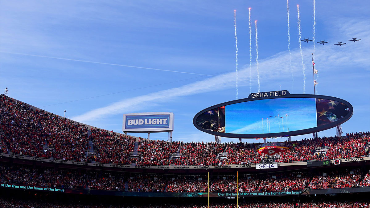 Military planes flyover as fireworks are fired before the first quarter during the AFC championship NFL football game between the Cincinnati Bengals and the Kansas City Chiefs, Sunday, Jan. 30, 2022, at GEHA Field at Arrowhead Stadium in Kansas City, Missouri.