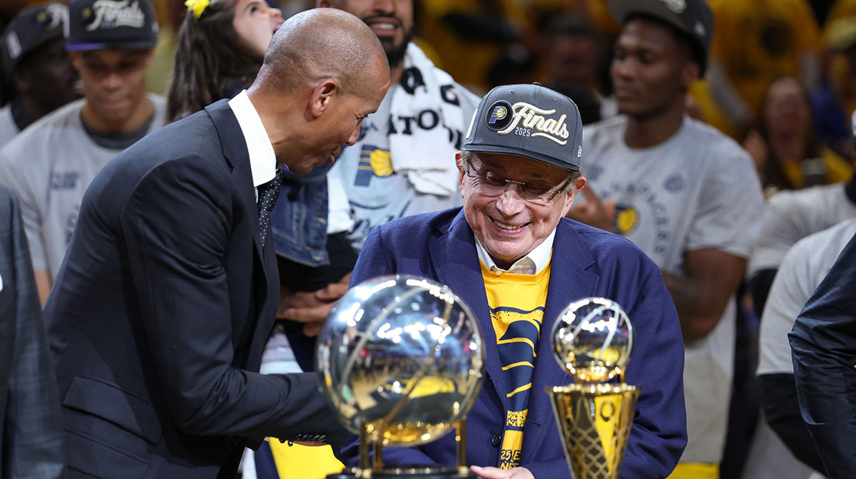 Reggie Miller and Indiana Pacers owner Herb Simon are seen after game six of the eastern conference finals against the New York Knicks for the 2025 NBA Playoffs at Gainbridge Fieldhouse