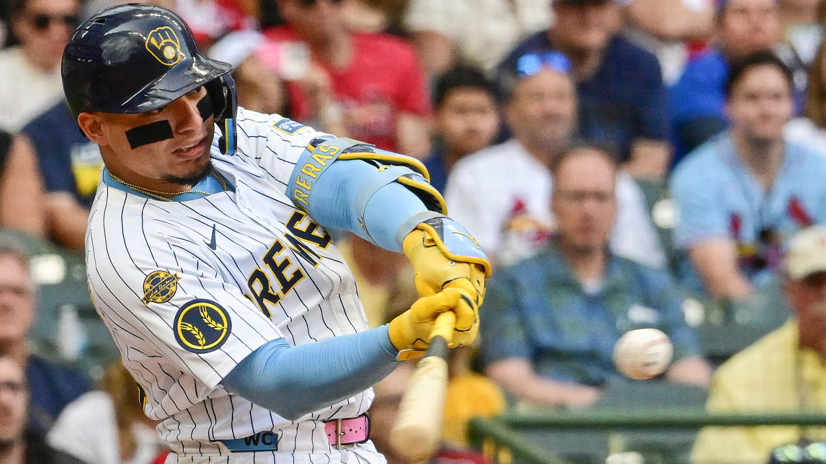 Milwaukee Brewers catcher William Contreras (24) hits a solo home run in the ninth inning against the St. Louis Cardinals at American Family Field.