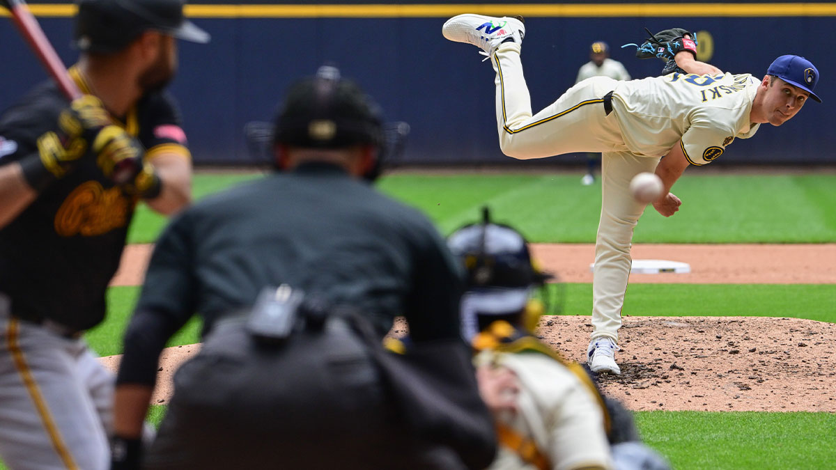 Milwaukee Brewers starting pitcher Jacob Misiorowski (32) pitches to Pittsburgh Pirates shortstop Isiah Kiner-Falefa in the fifth inning at American Family Field.