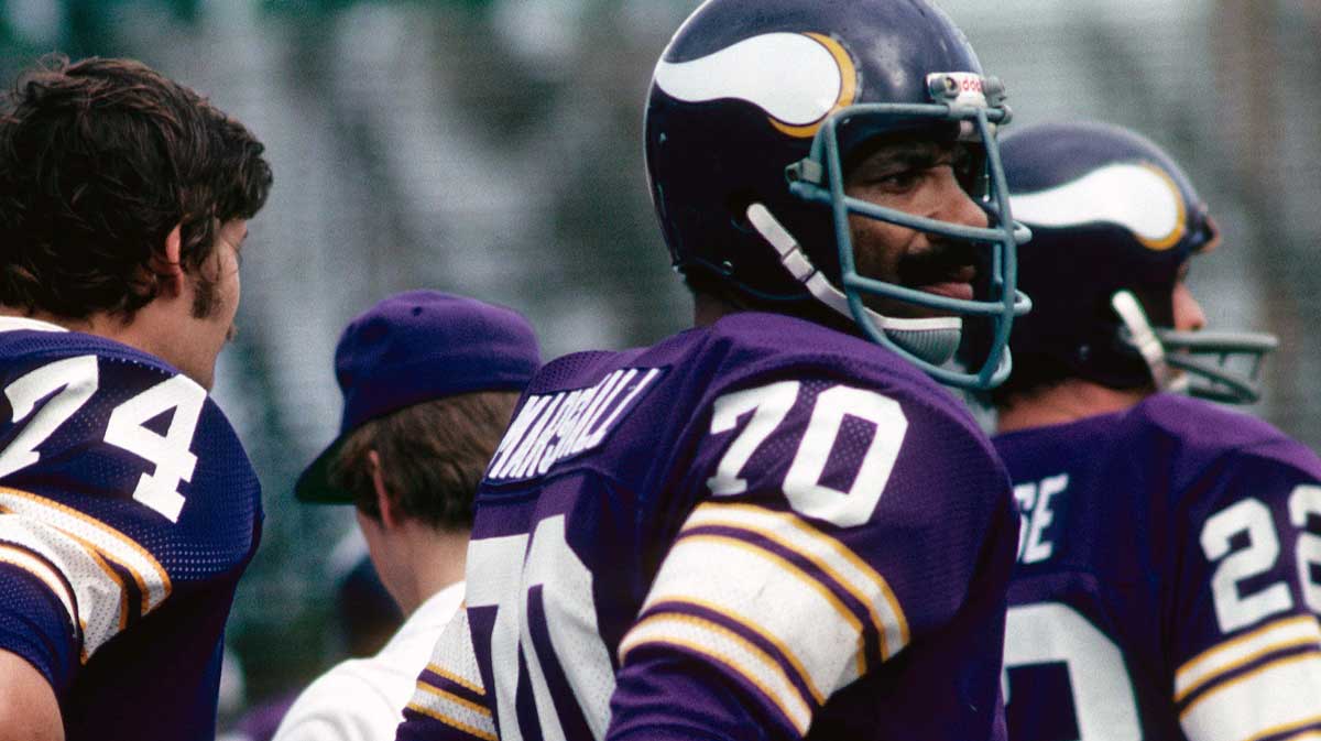 Dec 11, 1976; Miami, FL, USA; FILE PHOTO; Minnesota Vikings defensive end Jim Marshall (70) against the Miami Dolphins at the Orange Bowl. Mandatory Credit: Photo By Malcolm Emmons- Imagn Images