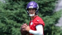 Minnesota Vikings quarterback J.J. McCarthy (9) practices during minicamp at the Minnesota Vikings Training Facility.