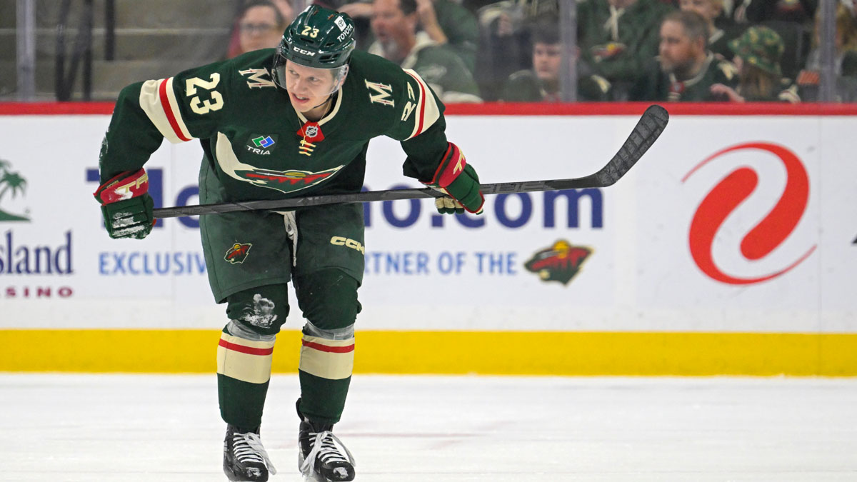Minnesota Wild forward Marco Rossi (23) heads to the bench after sustaining an injury against the Seattle Kraken during the first period at Xcel Energy Center.