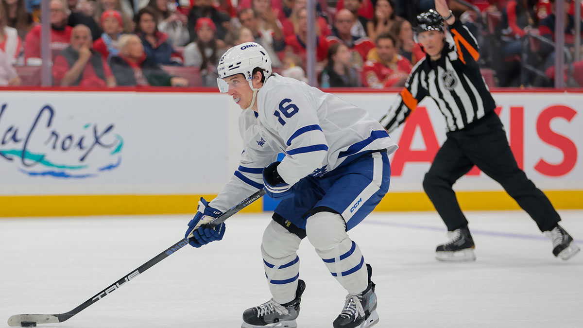 Toronto Maple Leafs right wing Mitch Marner (16) moves the puck against the Florida Panthers during the first period in game three of the second round of the 2025 Stanley Cup Playoffs at Amerant Bank Arena.