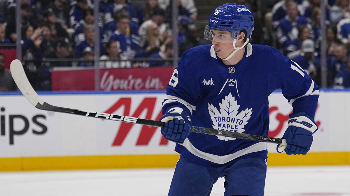 Toronto Maple Leafs forward Mitch Marner (16) skates against the Ottawa Senators during the second period of game one of the first round of the 2025 Stanley Cup Playoffs at Scotiabank Arena