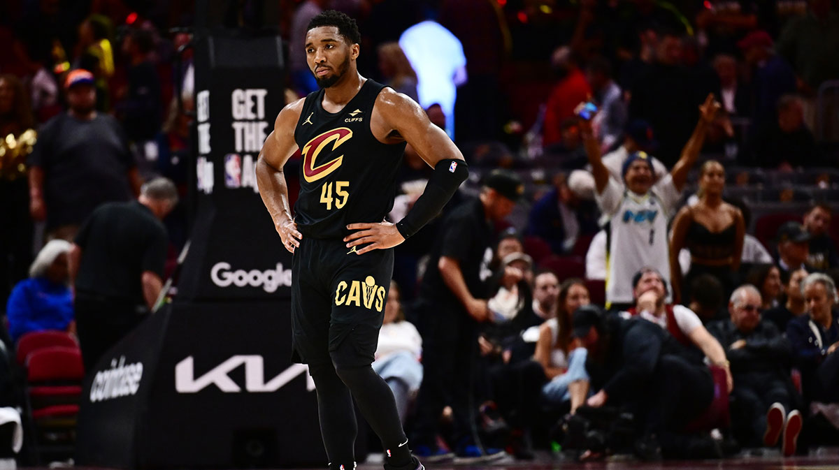 Cleveland Cavaliers guard Donovan Mitchell (45) reacts during the second half of game five against the Indiana Pacers in the second round for the 2025 NBA Playoffs at Rocket Arena.