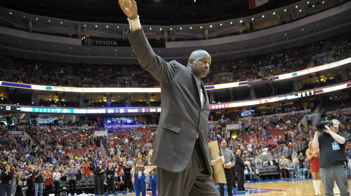 Moses Malone of the Philadelphia 76ers 1982-83 NBA Championship team waves to the crowd during their 30th anniversary celebration during halftime of the game between Philadelphia 76ers and Cleveland Cavaliers at the Wells Fargo Center.