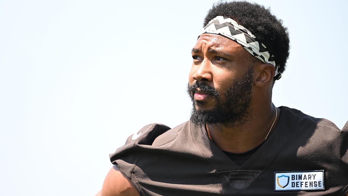 Aug 4, 2024; Cleveland Browns defensive end Myles Garrett (95) during practice at the Browns training facility in Berea, Ohio. Mandatory Credit: Bob Donnan-Imagn Images