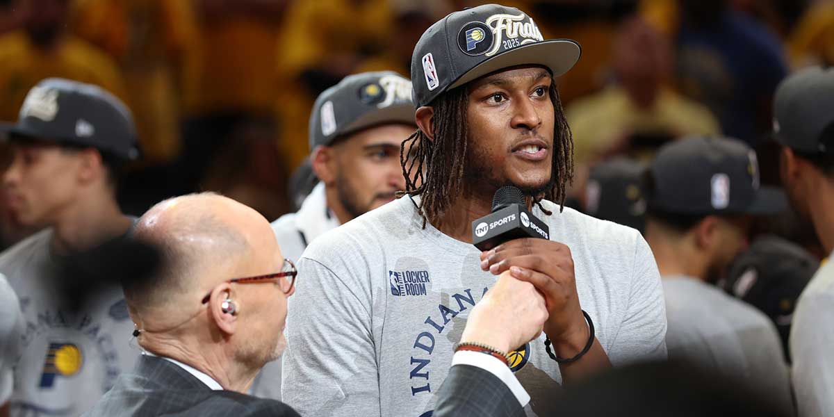Ernie Johnson interviews Indiana Pacers center Myles Turner (33) after game six of the eastern conference finals against the New York Knicks for the 2025 NBA Playoffs at Gainbridge Fieldhouse.