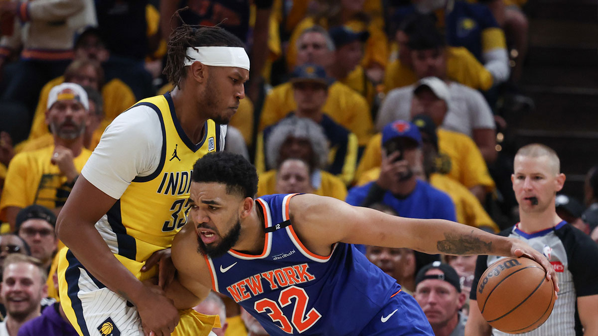 Indiana Pacers center Myles Turner (33) defends against New York Knicks center Karl-Anthony Towns (32) in the second quarter during game six of the eastern conference finals for the 2025 NBA Playoffs at Gainbridge Fieldhouse.