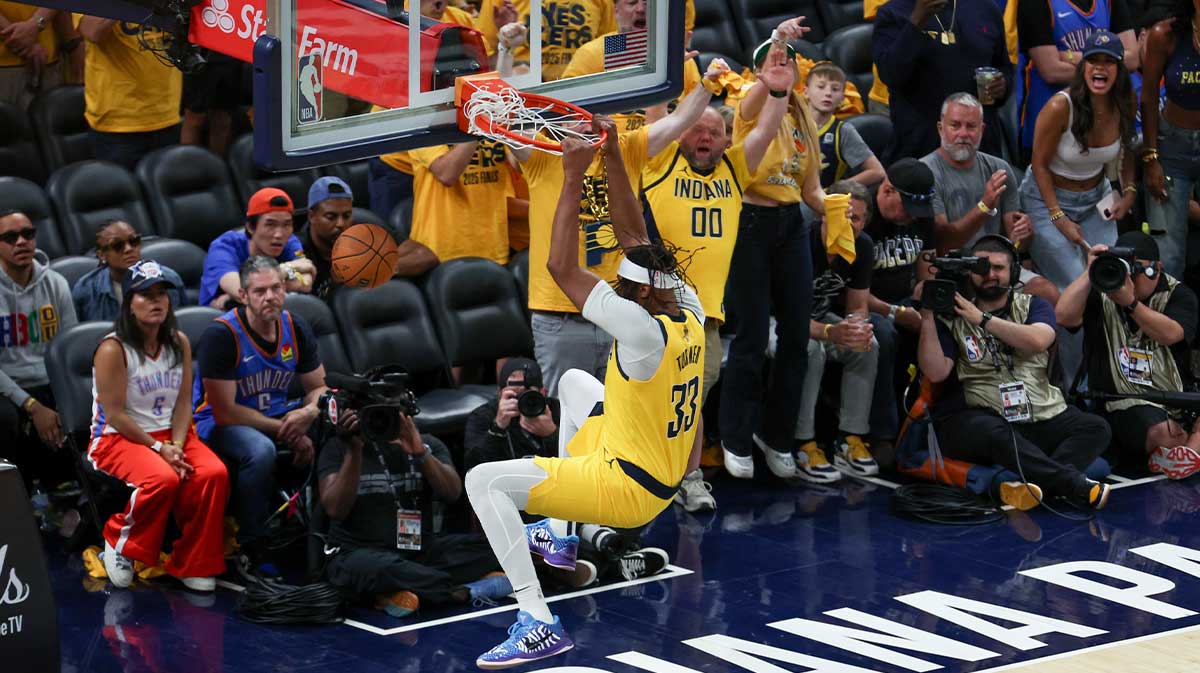 Indiana Pacers center Myles Turner (33) dunks the ball against the Oklahoma City Thunder in the third quarter during game six of the 2025 NBA Finals at Gainbridge Fieldhouse.