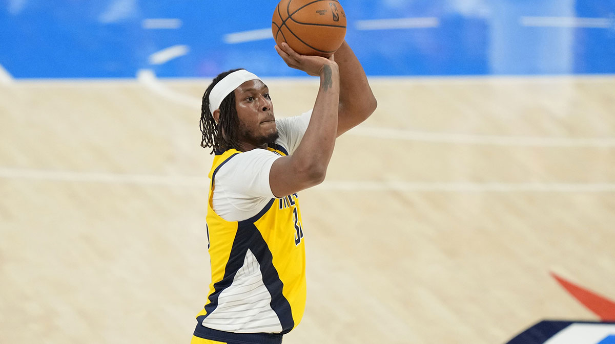 Indiana Pacers center Myles Turner (33) shoots the ball against the Oklahoma City Thunder during the fourth quarter in game one of the 2025 NBA Finals at Paycom Center.