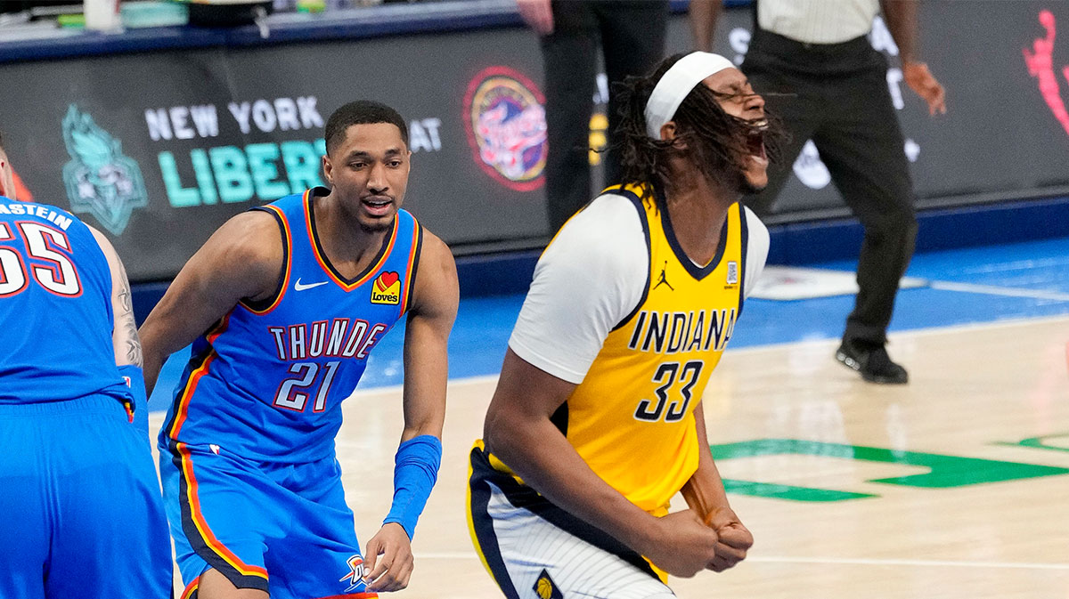 Indiana Pacers center Myles Turner (33) celebrates after he dunks the ball past Oklahoma City Thunder center Isaiah Hartenstein (55) during the fourth quarter of game two of the 2025 NBA Finals at Paycom Center.