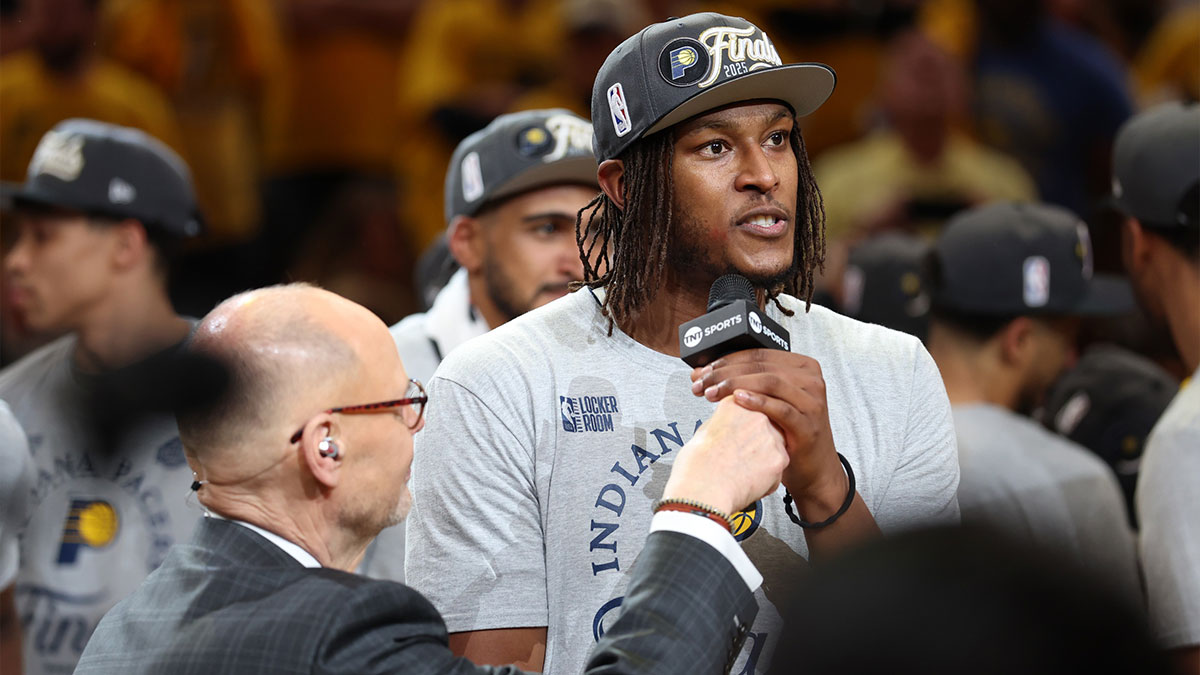 Ernie Johnson interviews Indiana Pacers center Myles Turner (33) after game six of the eastern conference finals against the New York Knicks for the 2025 NBA Playoffs at Gainbridge Fieldhouse.