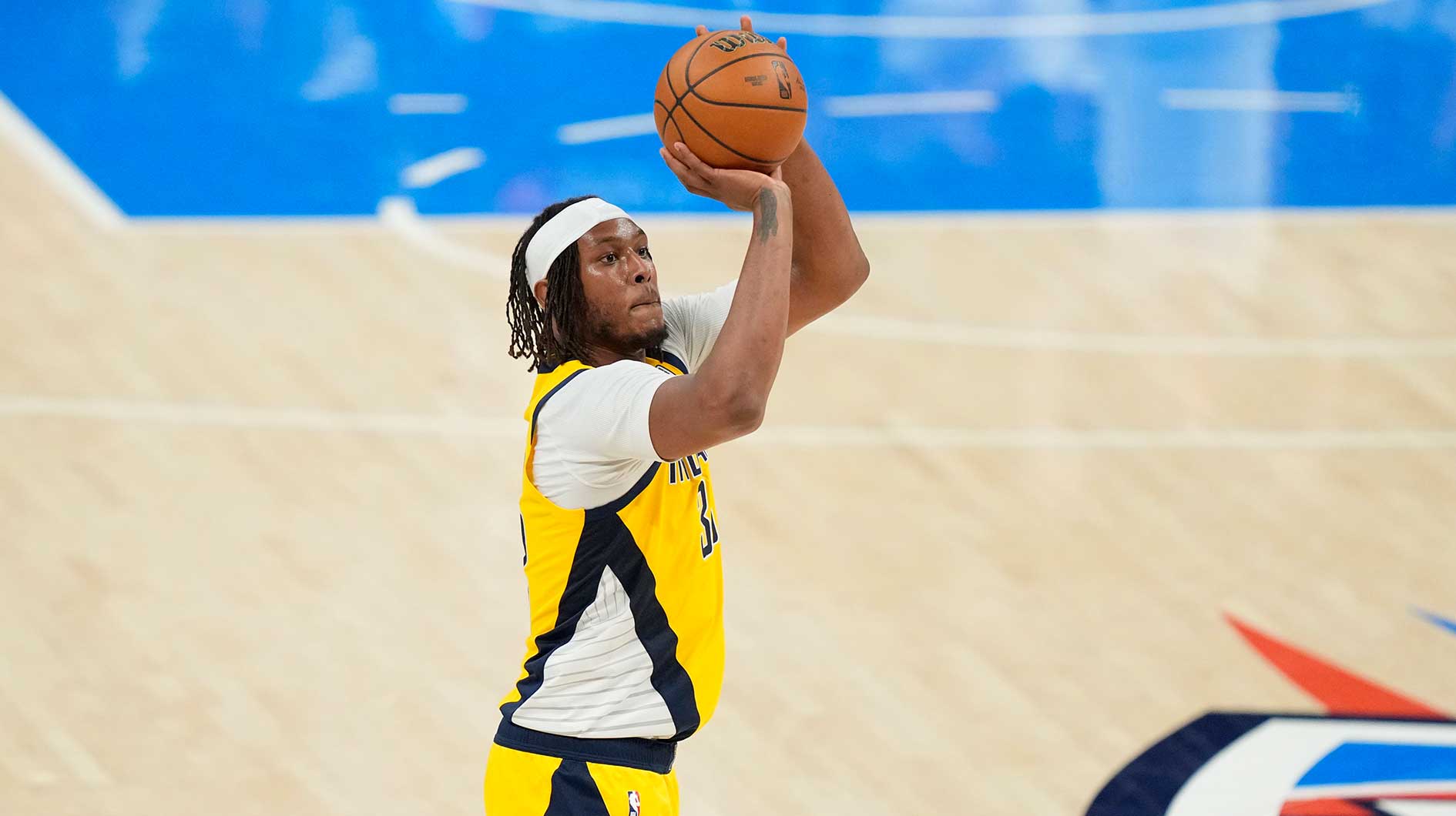 Indiana Pacers center Myles Turner (33) shoots the ball against the Oklahoma City Thunder during the fourth quarter in game one of the 2025 NBA Finals at Paycom Center.