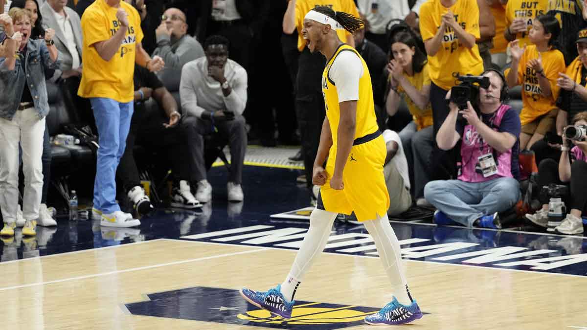 Indiana Pacers center Myles Turner (33) reacts after a play against the Oklahoma City Thunder during the second half during game three of the 2025 NBA Finals at Gainbridge Fieldhouse.