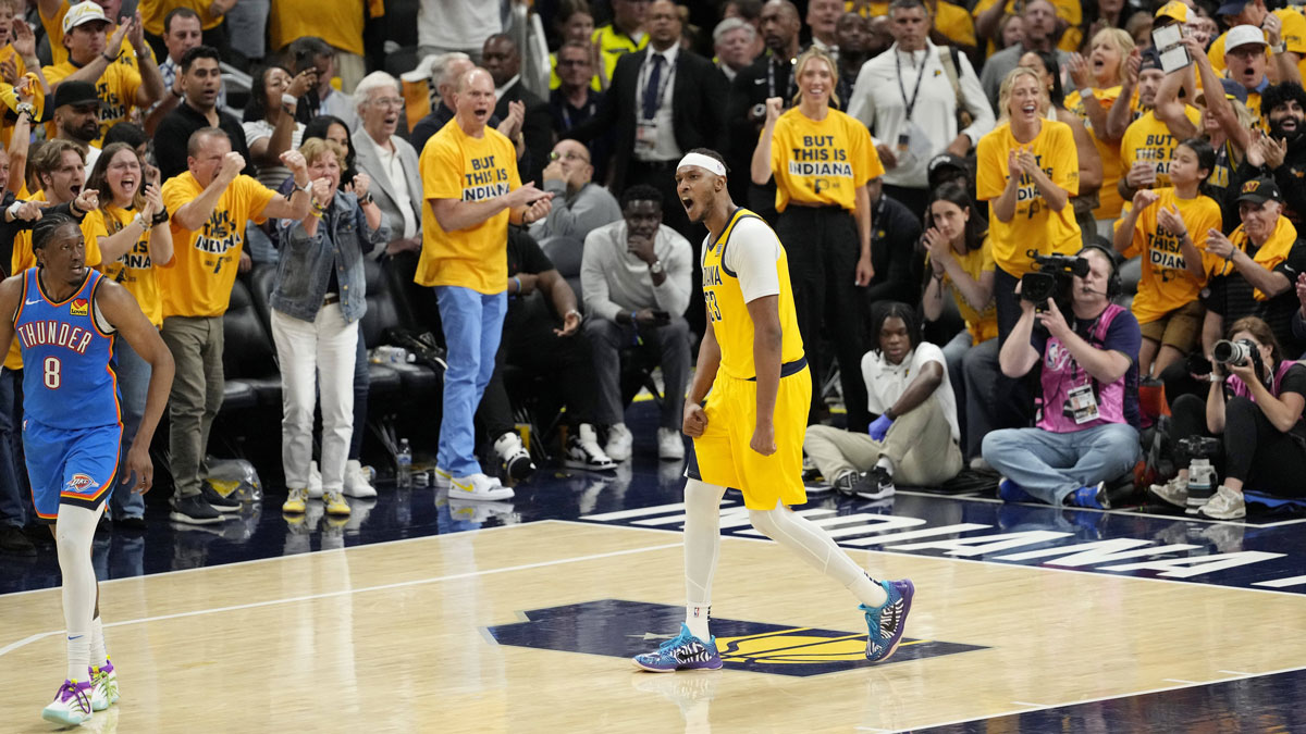 Indiana Pacers center Myles Turner (33) reacts after a play against the Oklahoma City Thunder during the second half during game three of the 2025 NBA Finals at Gainbridge Fieldhouse.