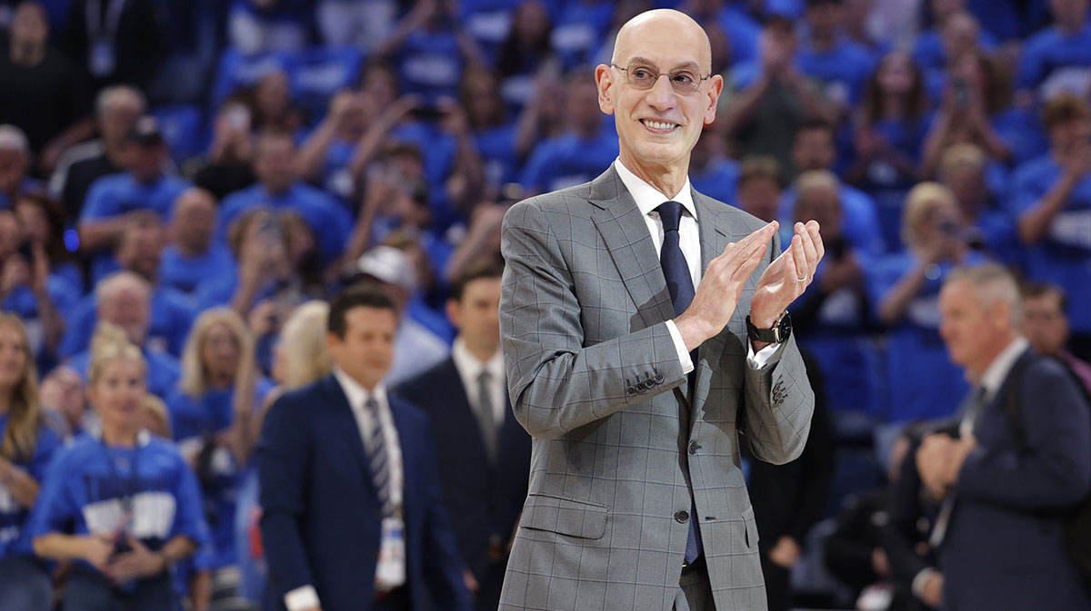 NBA commissioner is Adam Silver presents Oklahoma City Thunder guard Shai Gilgeous-Alexander (not pictured) with the Michael Jordan Trophy for winning the most valuable player award for the 2024-25 season before game two of the western conference finals for the 2025 NBA Playoffs at Paycom Center.