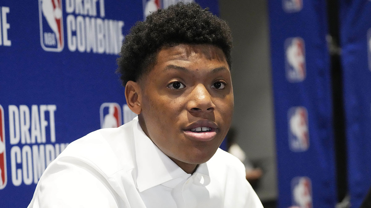 Ace Bailey talks to the media during the 2025 NBA Draft Combine at Marriott Marquis Chicago.