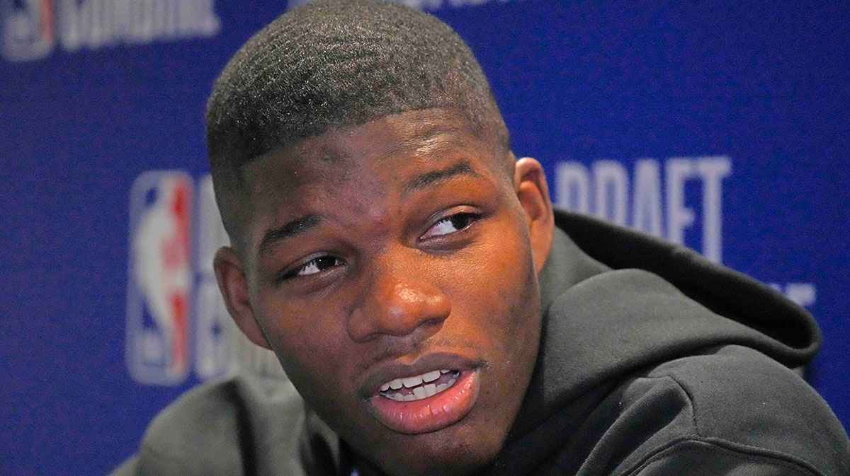 Cedric Coward talks to the media during the 2025 NBA Draft Combine at Marriott Marquis Chicago.