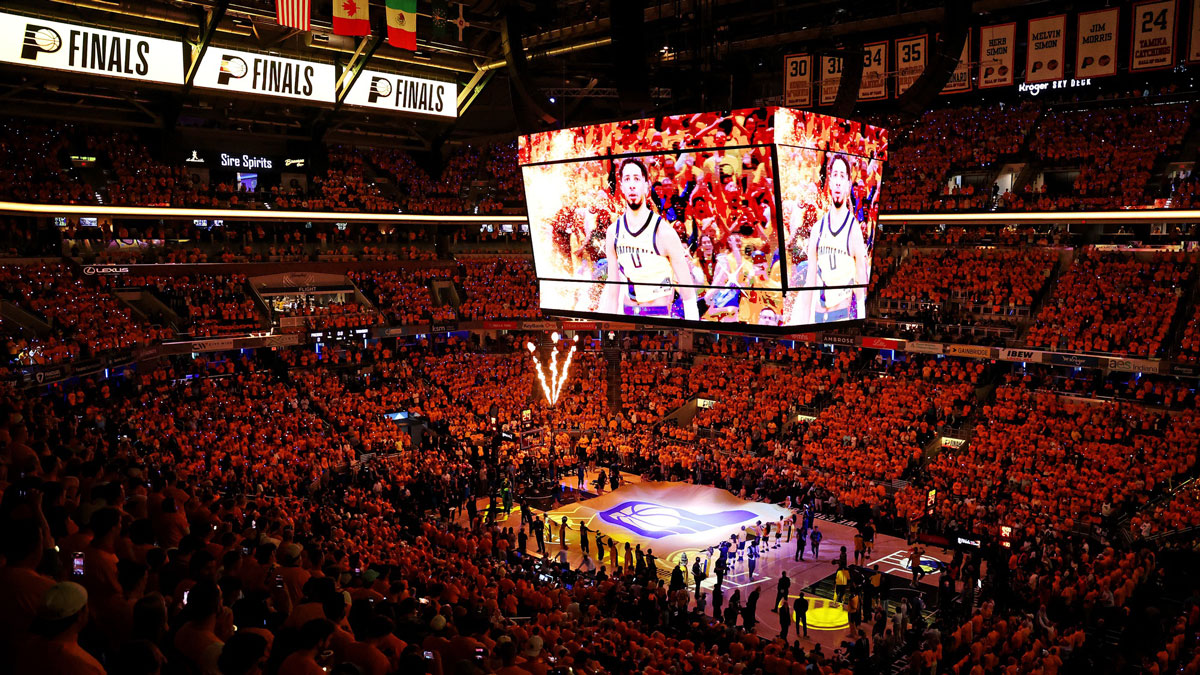 An overall view of the stadium before the game between the Indiana Pacers and the Oklahoma City Thunder in game three of the 2025 NBA Finals at Gainbridge Fieldhouse.