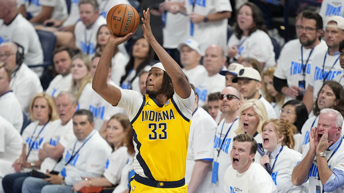 Indiana Pacers center Myles Turner (33) shoots the ball against the Oklahoma City Thunder during the fourth quarter in game one of the 2025 NBA Finals at Paycom Center.