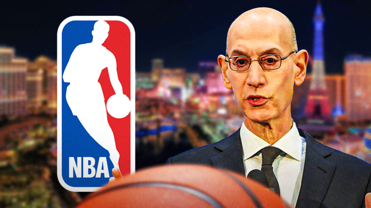NBA logo on left, Adam Silver on right. Make the background the Las Vegas skyline at night.