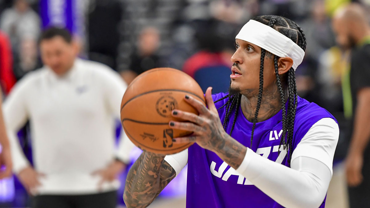Utah Jazz guard Jordan Clarkson (00) warms up before the game against the Washington Wizards at the Delta Center.