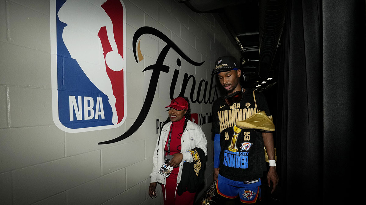 Oklahoma City Thunder guard Shai Gilgeous-Alexander (2) after winning game seven of the 2025 NBA Finals against the Indiana Pacers at Paycom Center.