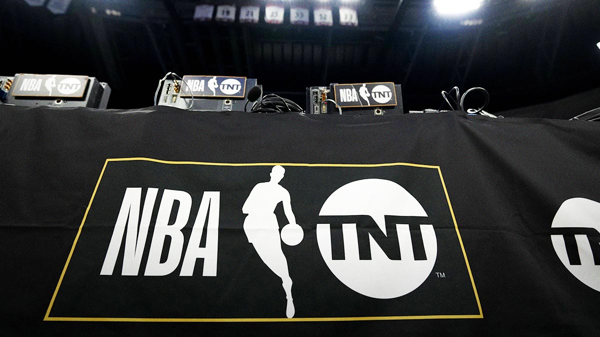 General view of the TNT court side broadcast table before a game between the Phoenix Suns against the Denver Nuggets at Ball Arena.
