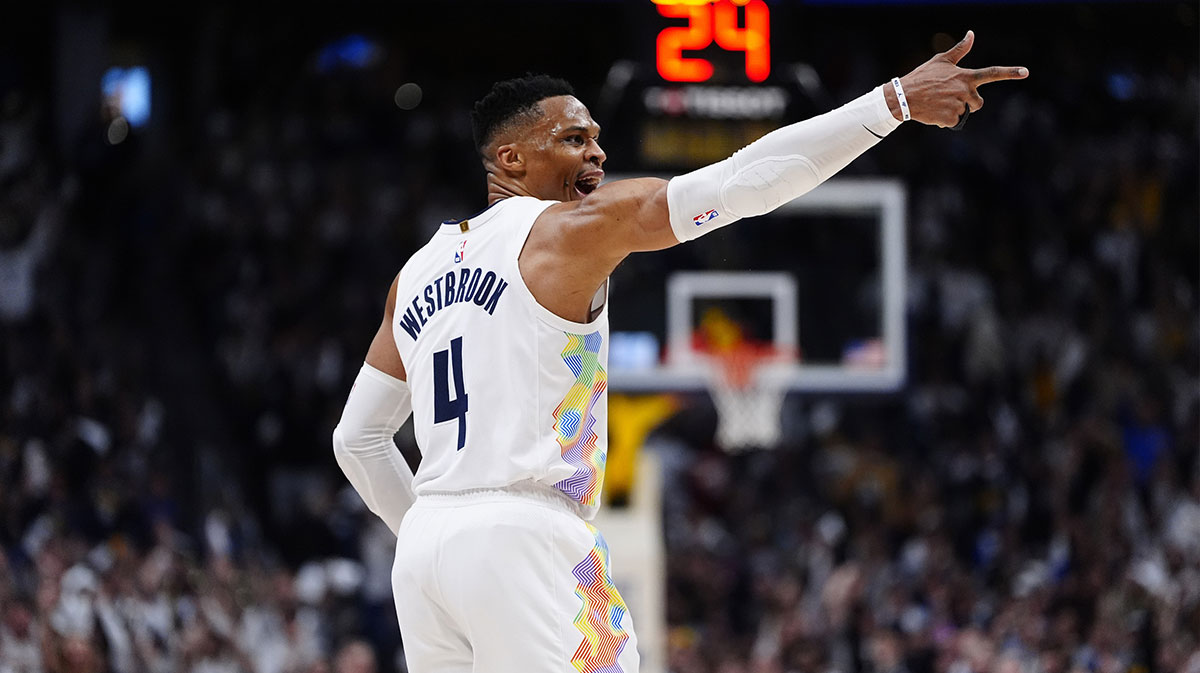 Denver Nuggets guard Russell Westbrook (4) reacts in the fourth quarter against the LA Clippers during game five of the first round for the 2025 NBA Playoffs at Ball Arena.