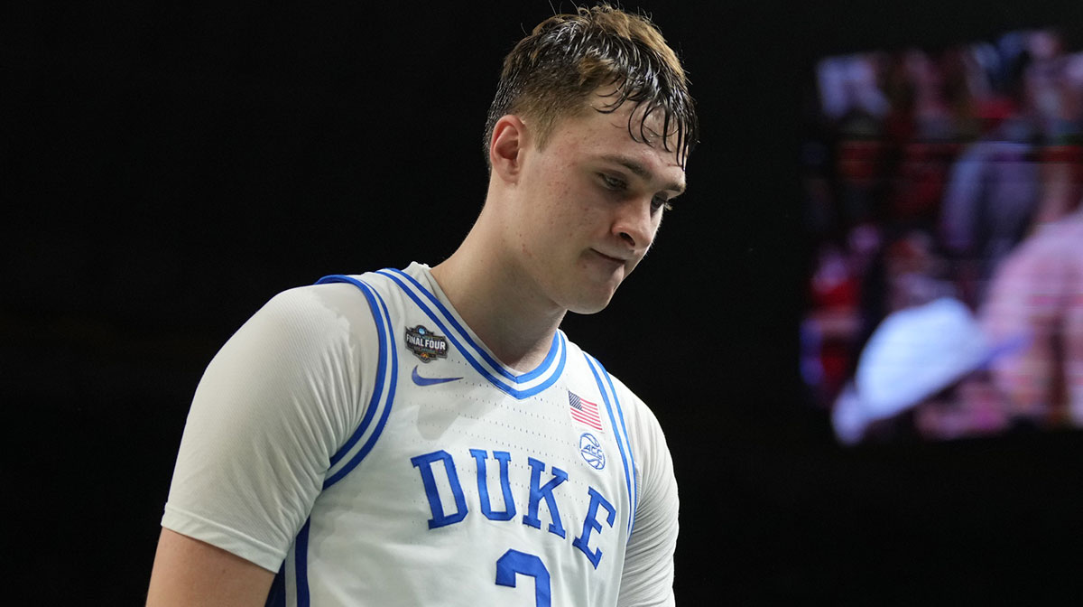 Duke Blue Devils forward Cooper Flagg (2) walks off the court after losing to the Houston Cougars in the semifinals of the men's Final Four of the 2025 NCAA Tournament at the Alamodome.