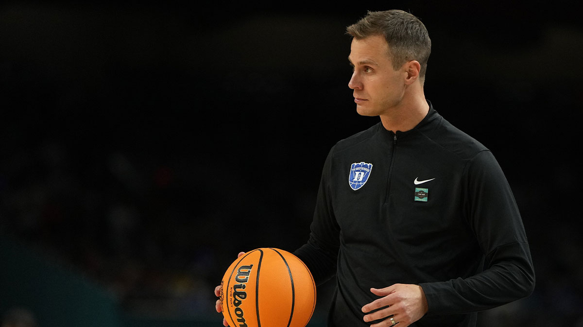 Duke Blue Devils head coach Jon Scheyer looks on against the Houston Cougars during the second half in the semifinals of the men's Final Four of the 2025 NCAA Tournament at the Alamodome.