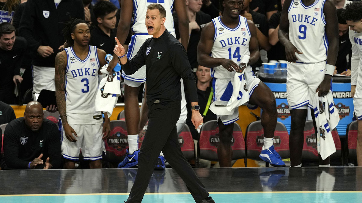 Duke Blue Devils head coach Jon Scheyer reacts against the Houston Cougars during the first half in the semifinals of the men's Final Four of the 2025 NCAA Tournament at Alamodome.