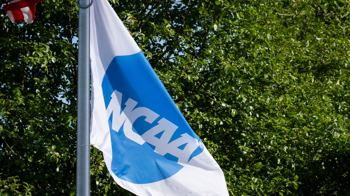 The NCAA flag flies over the stadium as the Oregon Ducks host the Liberty Flames in game two of an NCAA Super Regional at Jane Sanders Stadium in Eugene on May 24, 2025.