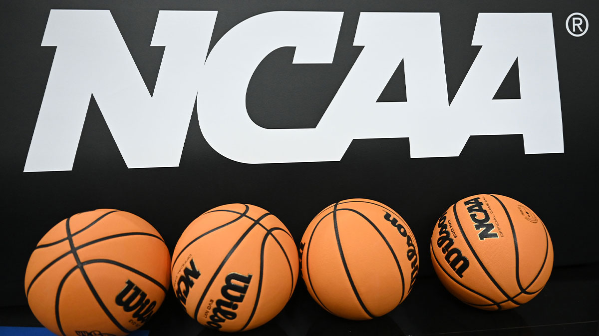 Detail view of the logo and basketballs during NCAA Tournament West Regional Practice at Chase Center.