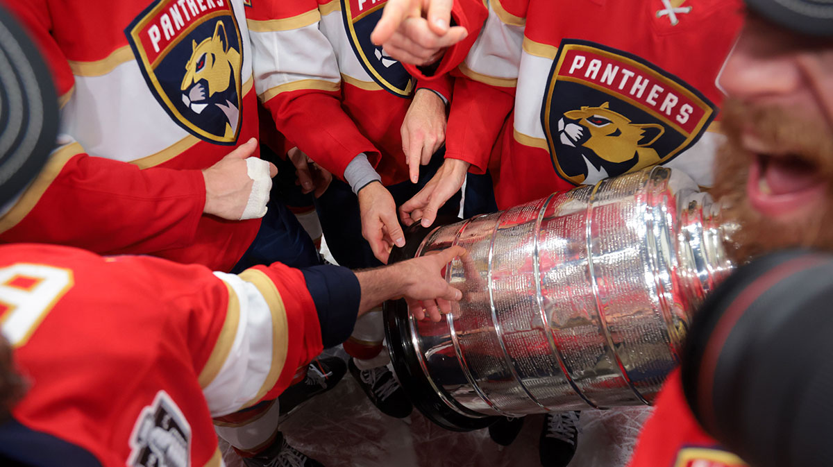 The Florida Panthers look at the Stanley Cup after winning game six of the 2025 Stanley Cup Final against the Edmonton Oilers at Amerant Bank Arena.